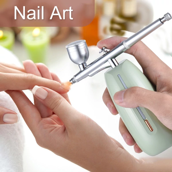 Hordozható vezeték nélküli airbrush kompresszorral, kettős működésű, 2 fokozatban állítható nyomású beépített akkumulátorral - Világos zöld