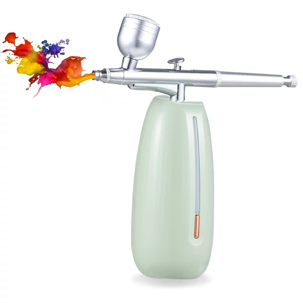Hordozható vezeték nélküli airbrush kompresszorral, kettős működésű, 2 fokozatban állítható nyomású beépített akkumulátorral - Világos zöld