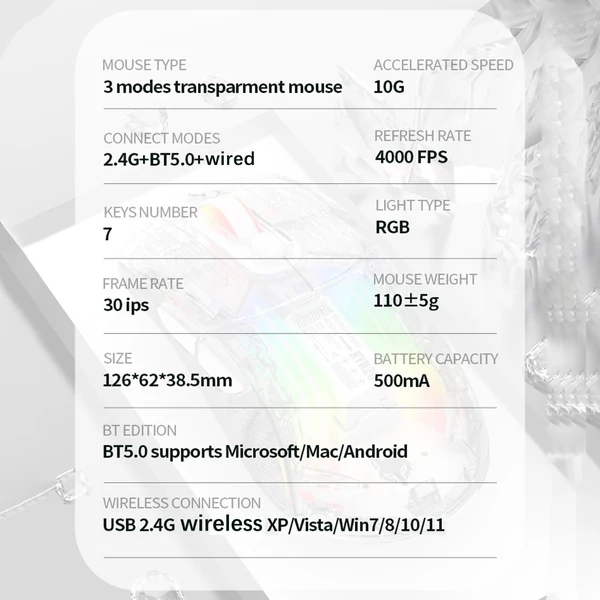 XYH20 RGB mechanikus játék egér BT5.0 2.4G vezeték nélküli USB vevővel - Fekete