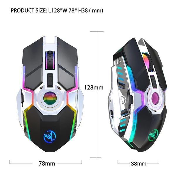 HXSJ T30 vezeték nélküli egér 2.4G USB vevő 5 háttérvilágítású RGB módú mechanikus, újratölthető akkumulátorral, 2400 DPI állítható szinttel - Fekete