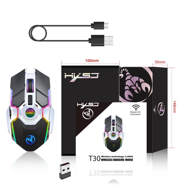 HXSJ T30 vezeték nélküli egér 2.4G USB vevő 5 háttérvilágítású RGB módú mechanikus, újratölthető akkumulátorral, 2400 DPI állítható szinttel - Fekete