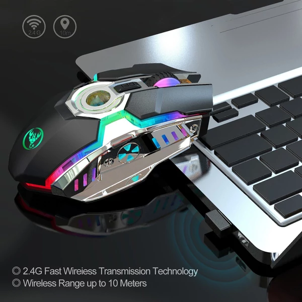 HXSJ T30 vezeték nélküli egér 2.4G USB vevő 5 háttérvilágítású RGB módú mechanikus, újratölthető akkumulátorral, 2400 DPI állítható szinttel - Fekete