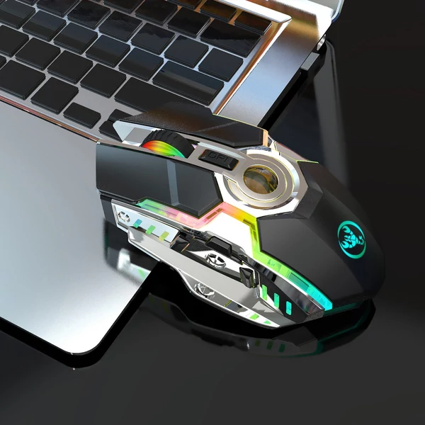 HXSJ T30 vezeték nélküli egér 2.4G USB vevő 5 háttérvilágítású RGB módú mechanikus, újratölthető akkumulátorral, 2400 DPI állítható szinttel - Fekete