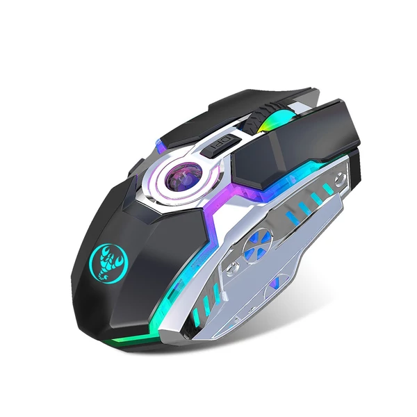 HXSJ T30 vezeték nélküli egér 2.4G USB vevő 5 háttérvilágítású RGB módú mechanikus, újratölthető akkumulátorral, 2400 DPI állítható szinttel - Fekete