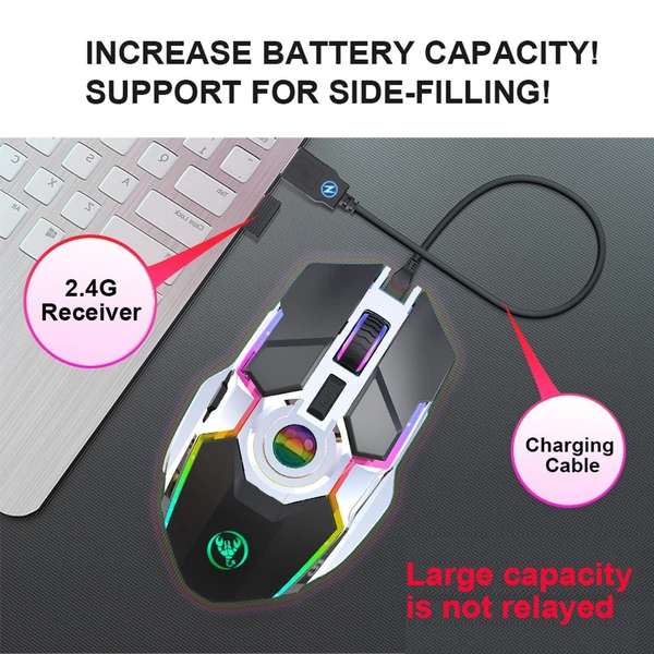 HXSJ T30 vezeték nélküli egér 2.4G USB vevő 5 háttérvilágítású RGB módú mechanikus, újratölthető akkumulátorral, 2400 DPI állítható szinttel - Fekete