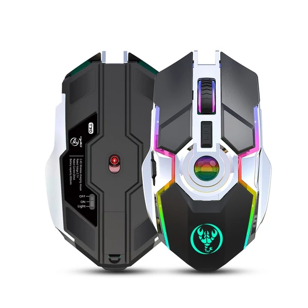 HXSJ T30 vezeték nélküli egér 2.4G USB vevő 5 háttérvilágítású RGB módú mechanikus, újratölthető akkumulátorral, 2400 DPI állítható szinttel - Fekete