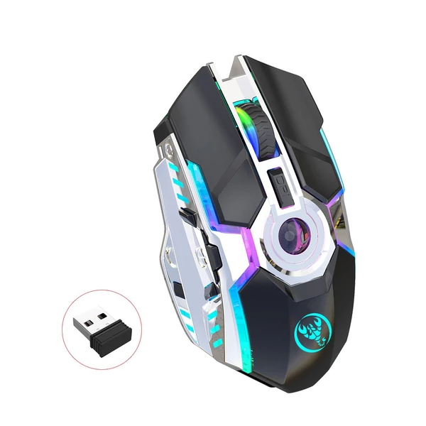 HXSJ T30 vezeték nélküli egér 2.4G USB vevő 5 háttérvilágítású RGB módú mechanikus, újratölthető akkumulátorral, 2400 DPI állítható szinttel - Fekete