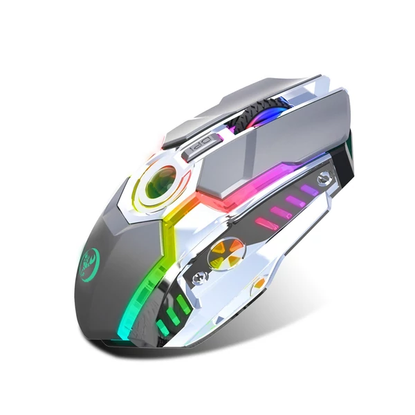 HXSJ T30 vezeték nélküli egér 2.4G USB vevő 5 háttérvilágítású RGB módú mechanikus, újratölthető akkumulátorral, 2400 DPI állítható szinttel - Szürke