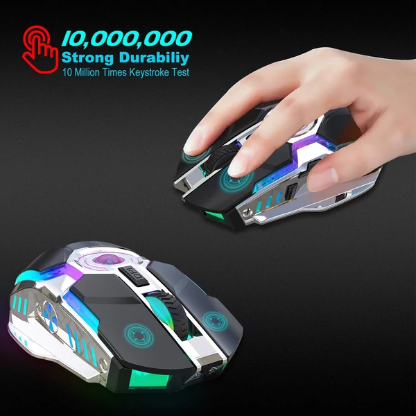 HXSJ T30 vezeték nélküli egér 2.4G USB vevő 5 háttérvilágítású RGB módú mechanikus, újratölthető akkumulátorral, 2400 DPI állítható szinttel - Szürke