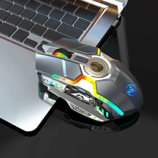 HXSJ T30 vezeték nélküli egér 2.4G USB vevő 5 háttérvilágítású RGB módú mechanikus, újratölthető akkumulátorral, 2400 DPI állítható szinttel - Szürke