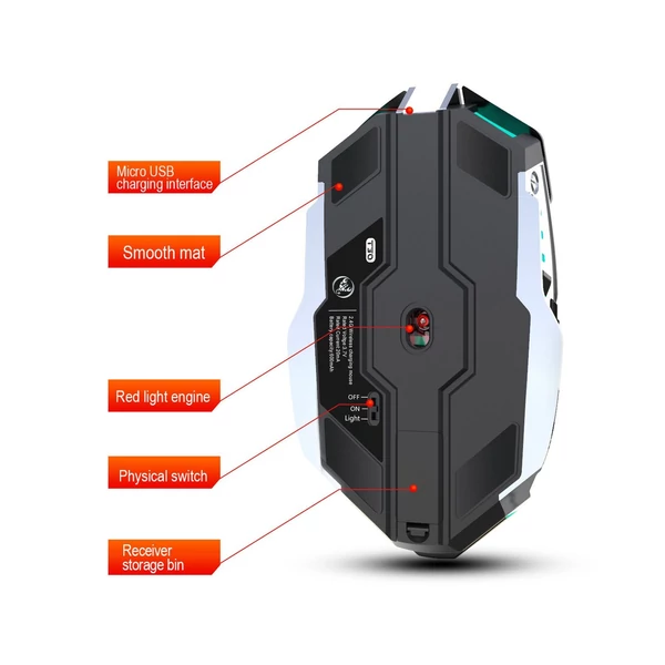 HXSJ T30 vezeték nélküli egér 2.4G USB vevő 5 háttérvilágítású RGB módú mechanikus, újratölthető akkumulátorral, 2400 DPI állítható szinttel - Szürke