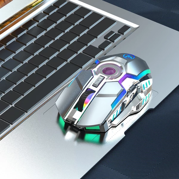 HXSJ T30 vezeték nélküli egér 2.4G USB vevő 5 háttérvilágítású RGB módú mechanikus, újratölthető akkumulátorral, 2400 DPI állítható szinttel - Szürke