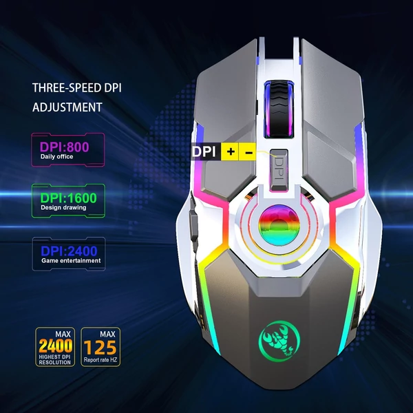 HXSJ T30 vezeték nélküli egér 2.4G USB vevő 5 háttérvilágítású RGB módú mechanikus, újratölthető akkumulátorral, 2400 DPI állítható szinttel - Szürke