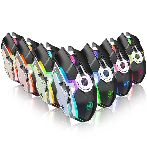 HXSJ T30 vezeték nélküli egér 2.4G USB vevő 5 háttérvilágítású RGB módú mechanikus, újratölthető akkumulátorral, 2400 DPI állítható szinttel - Szürke