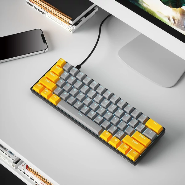 OUTEMU USB vezetékes 61 gombos mechanikus billentyűzet LED háttérvilágítással támogatja a hot swap gombot - Arany-kék