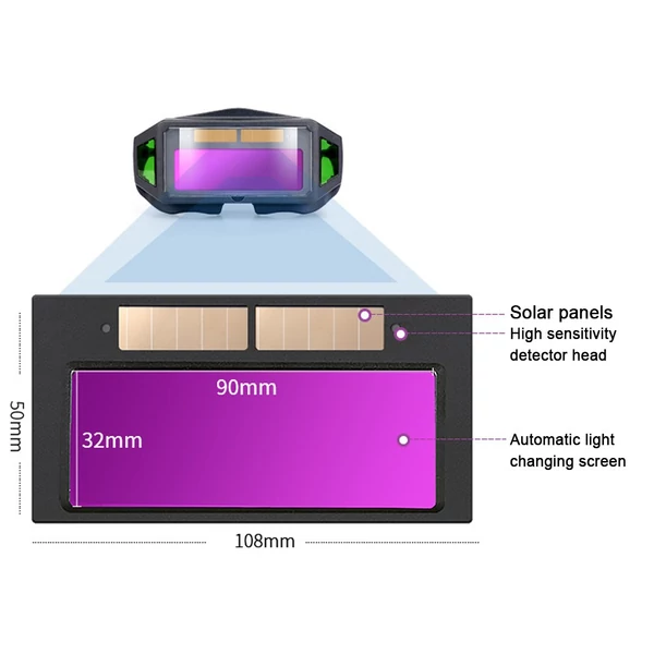 Professzionális automata fényerő-szabályozású forrasztás, hegesztő üvegek argon íves tükröződésgátló üvegekkel, napenergiával - Zöld szűrő lencsével