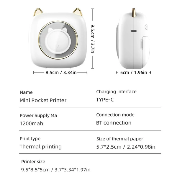 Mini hordozható zsebes hőnyomtató vezeték nélküli BT csatlakozás 6 hőpapír tekercs + 5db ragasztós hőpapír + 3db színes hőpapír + 5db színjelölő