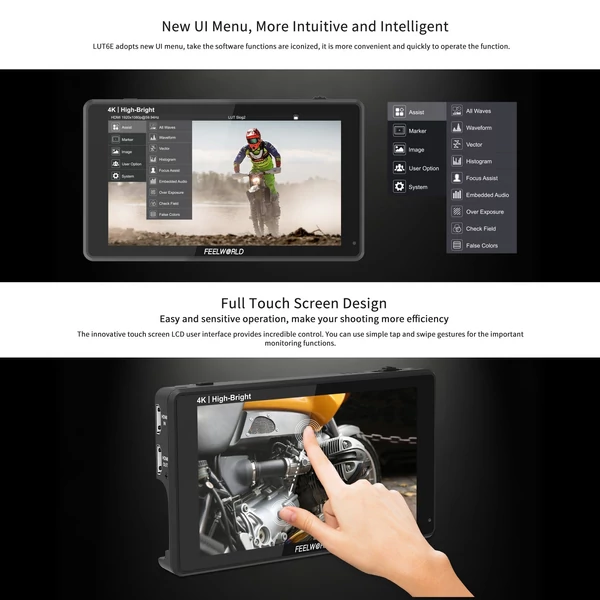 FEELWORLD LUT6E 6 hüvelykes IPS monitor 1600 nites videopanel 4K HDMI bemeneti kimenet 1920*1080px érintőképernyős vezérlés 2 1/4 hüvelykes menetlyukkal