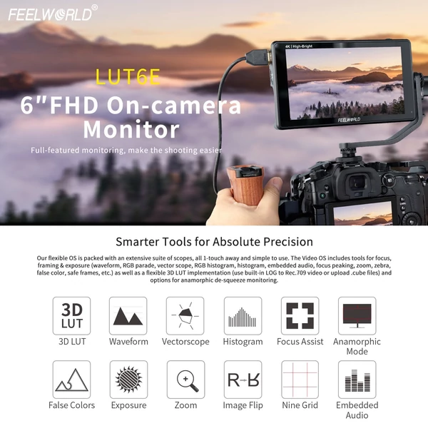 FEELWORLD LUT6E 6 hüvelykes IPS monitor 1600 nites videopanel 4K HDMI bemeneti kimenet 1920*1080px érintőképernyős vezérlés 2 1/4 hüvelykes menetlyukkal