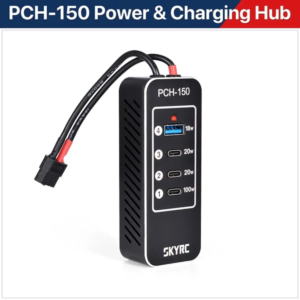 SKYRC PCH-150 táp- és töltőelosztó, 158 W-os 4 portos elosztó 3 USB-C porttal + 1 USB-A porttal