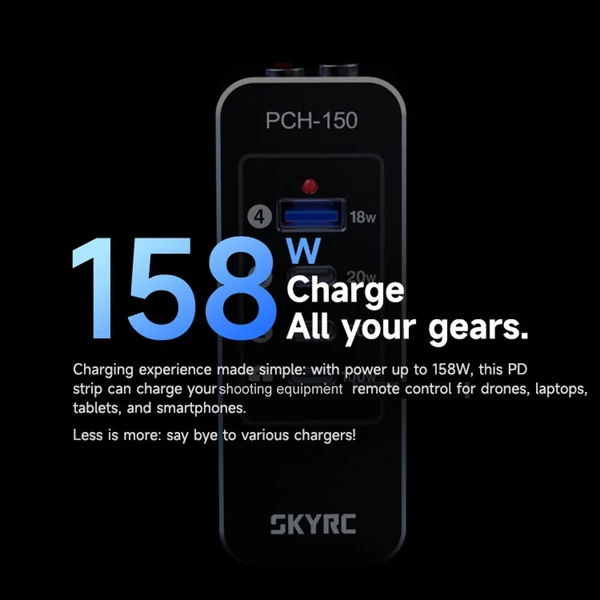 SKYRC PCH-150 táp- és töltőelosztó, 158 W-os 4 portos elosztó 3 USB-C porttal + 1 USB-A porttal