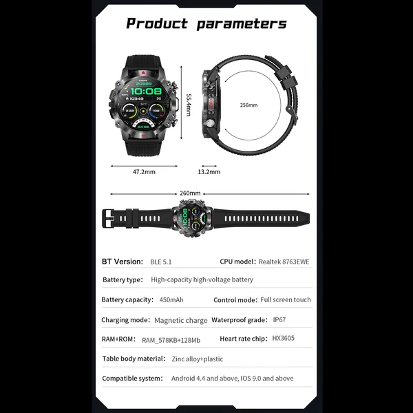 KR10 intelligens karkötős sportóra 1,39 hüvelykes IPS FullTouch képernyős fitneszkövető - Fekete