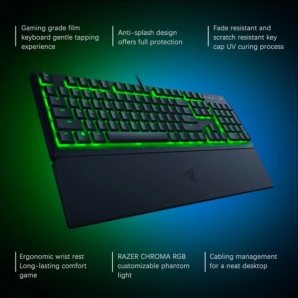 Razer V3X 104 billentyűs vezetékes játékbillentyűzet Razer Chroma RGB USB 1000 Hz, mechanikus, levehető csuklótámlával