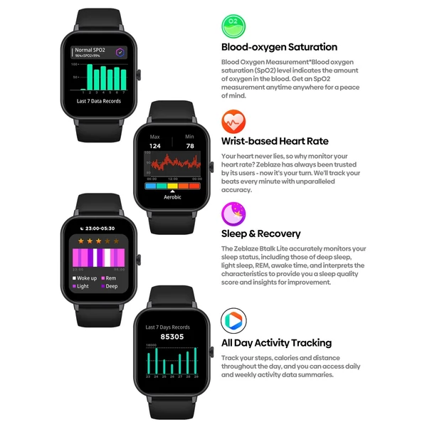 Zeblaze Btalk Lite intelligens karkötős sportóra 1,83 hüvelykes TFT FullTouch képernyős fitneszkövető - Fekete