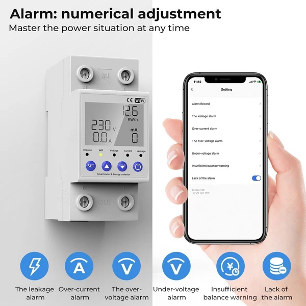 Tuya WiFi intelligens visszazáródó védő többfunkciós áramfeszültség figyelő teljesítménymérő védelmek mobiltelefonos APP vezérlés - A típus