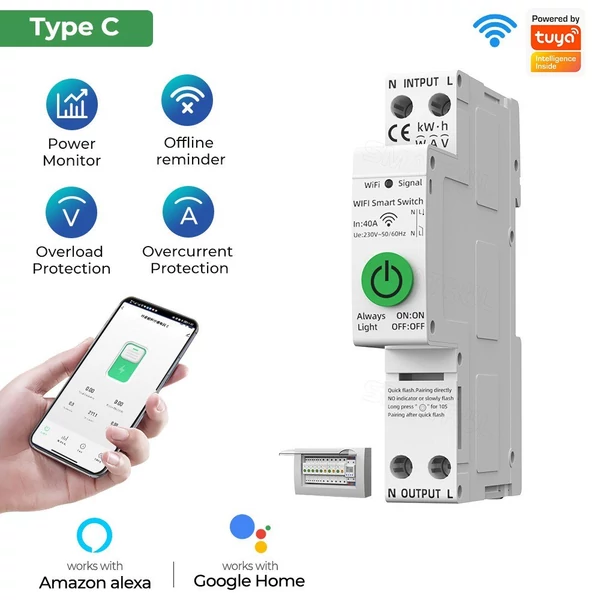 Tuya WiFi intelligens visszazáródó védő többfunkciós áramfeszültség figyelő teljesítménymérő védelmek mobiltelefonos APP vezérlés - C típus