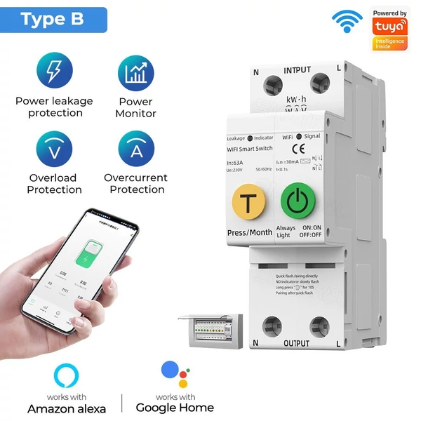 Tuya WiFi intelligens visszazáródó védő többfunkciós áramfeszültség figyelő teljesítménymérő védelmek mobiltelefonos APP vezérlés - B típus