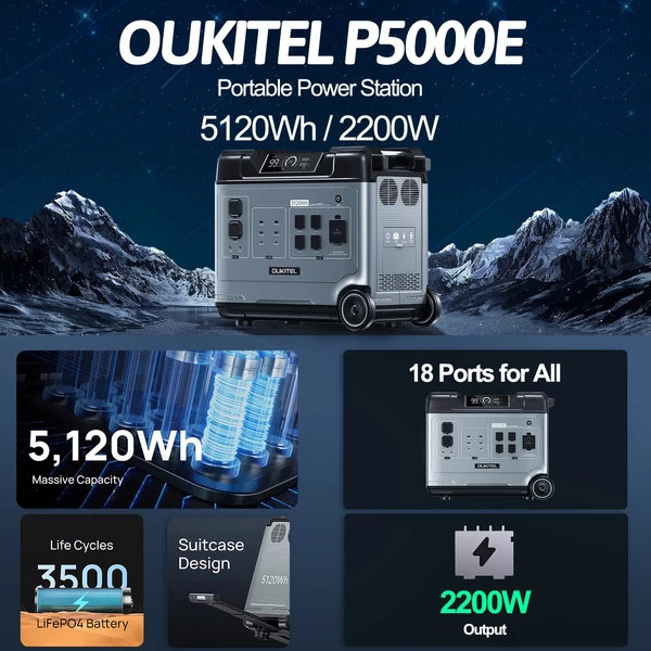 OUKITEL P5000E hordozható erőmű 5120 Wh 2200 W LiFePO4 akkumulátor tiszta szinuszos AC kimeneti napelem generátor tápegység