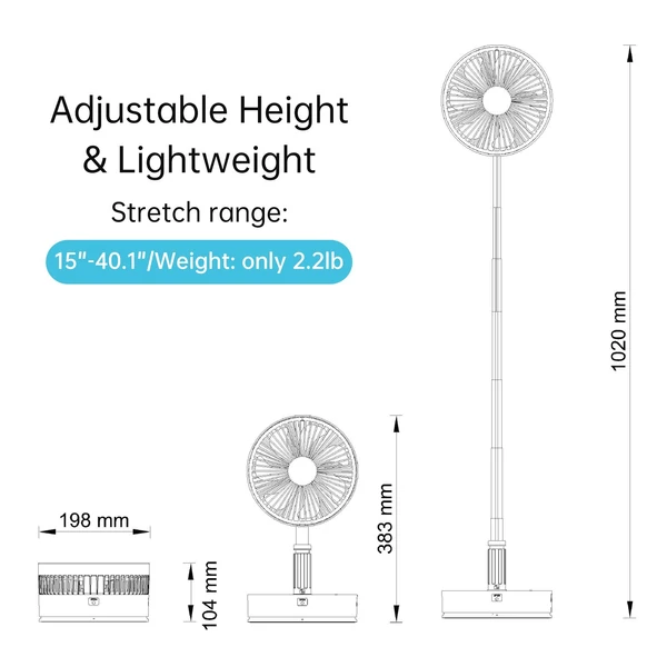 Hordozható, alacsony zajszintű összecsukható, álló ventilátor 4 szélsebesség-időzítővel, 180°-ban forgatható 7200 mAh-s újratölthető akkumulátorral