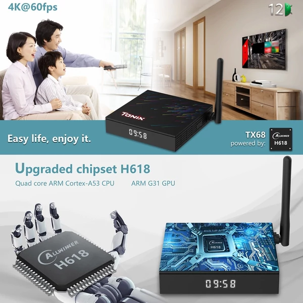 TANIX TX68 Android 12.0 Smart TV Box Allwinner H618 négymagos 4K, AV1 H.265 VP9, 2.4G és 5G WiFi - 16GB