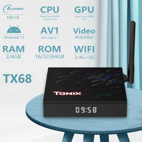 TANIX TX68 Android 12.0 Smart TV Box Allwinner H618 négymagos 4K, AV1 H.265 VP9, 2.4G és 5G WiFi - 32GB