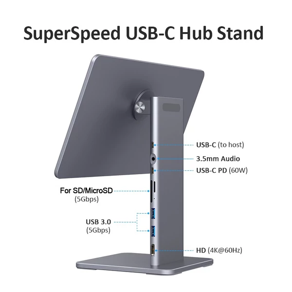 6 az 1-ben többfunkciós mágneses állvány, 360°-ban forgatható, 80°-ban dönthető kártyaolvasó 4K@60Hz HD 5Gps USB 60W PD 3,5mm audio iPad Pro 12,9 hüvelykeshez