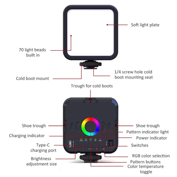 RGB mini fényképező lámpa, szabályozható LED fény