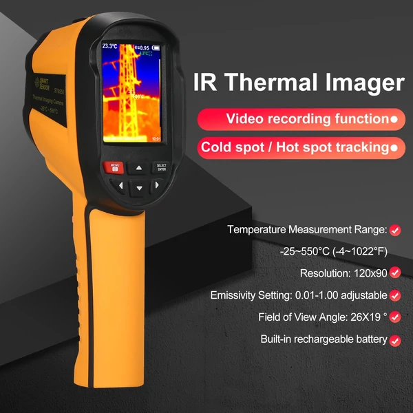 SMART SENSOR ST8550 hordozható újratölthető infravörös hőkamera 2,8 hüvelykes LCD képernyővel 120x90 felbontás -25 ~ 550 ℃ hőmérséklet-tartomány