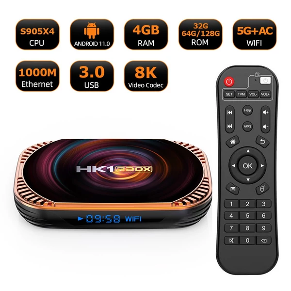 HK1 RBOX X4 Android 11.0 Smart TV Box UHD 4K Amlogic S905X4 H.265 VP9 8K 2.4G/5G WiFi 1000M LAN - 128GB