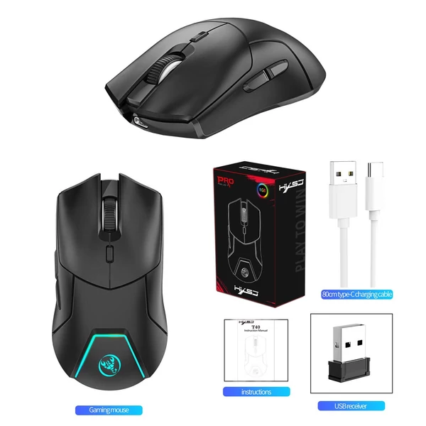 HXSJ T40 T40 vezeték nélküli játék egér 2.4G+BT5.1 USB vevő hármas mód 7 RGB fényű újratölthető akkumulátorral, 4000DPI állítható szinttel - Fekete