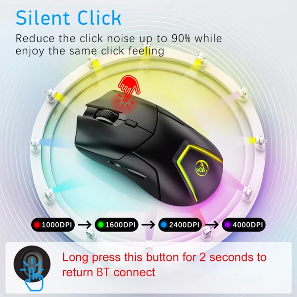 HXSJ T40 T40 vezeték nélküli játék egér 2.4G+BT5.1 USB vevő hármas mód 7 RGB fényű újratölthető akkumulátorral, 4000DPI állítható szinttel - Fekete