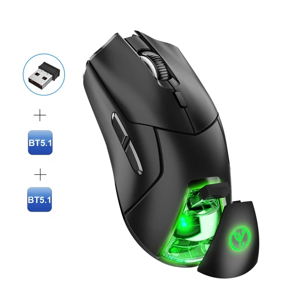 HXSJ T40 T40 vezeték nélküli játék egér 2.4G+BT5.1 USB vevő hármas mód 7 RGB fényű újratölthető akkumulátorral, 4000DPI állítható szinttel - Fekete