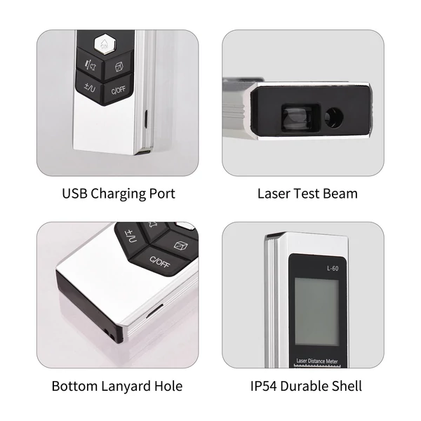 Mini Távolság Kijelző M/In/Ft Térfogat/Terület/Pythagorean mérés Távolságmérés LED fénnyel USB újratölthető digitális mérőszalag - Fekete
