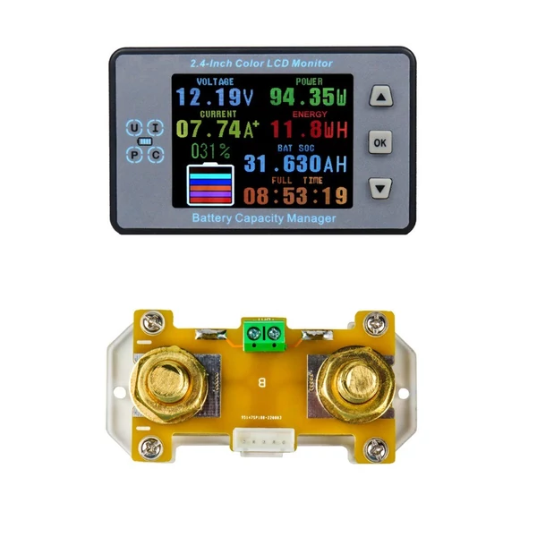 2,4 hüvelykes színes LCD-képernyő, kulométer, feszültség-áram-kapacitás-mérő elektromos autó lakóautó akkumulátorának kétirányú áramérzékelője memória funkcióval - Változat 1