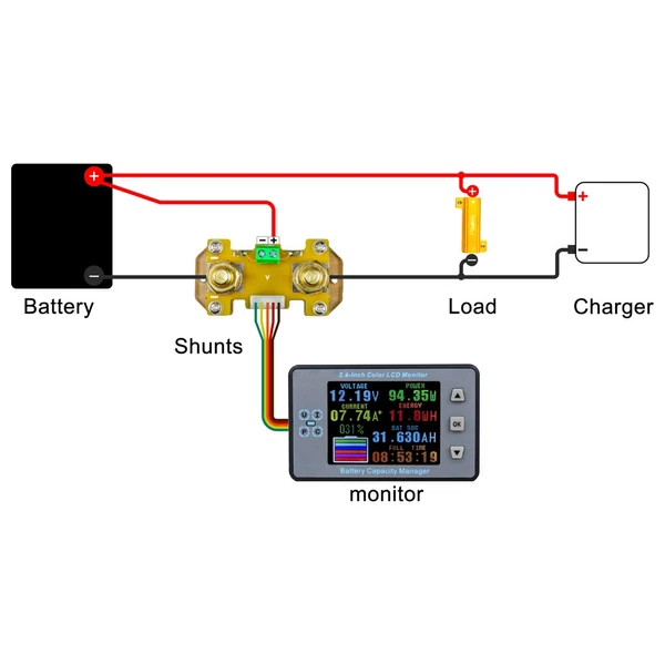 2,4 hüvelykes színes LCD-képernyő, kulométer, feszültség-áram-kapacitás-mérő elektromos autó lakóautó akkumulátorának kétirányú áramérzékelője memória funkcióval - Változat 1