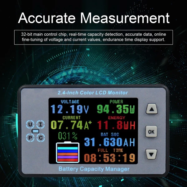 2,4 hüvelykes színes LCD-képernyő, kulométer, feszültség-áram-kapacitás-mérő elektromos autó lakóautó akkumulátorának kétirányú áramérzékelője memória funkcióval - Változat 1