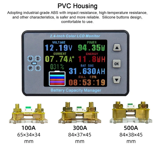 2,4 hüvelykes színes LCD-képernyő, kulométer, feszültség-áram-kapacitás-mérő elektromos autó lakóautó akkumulátorának kétirányú áramérzékelője memória funkcióval - Változat 1