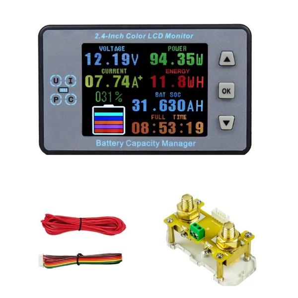 2,4 hüvelykes színes LCD-képernyő, kulométer, feszültség-áram-kapacitás-mérő elektromos autó lakóautó akkumulátorának kétirányú áramérzékelője memória funkcióval - Változat 1