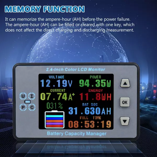 2,4 hüvelykes színes LCD-képernyő, kulométer, feszültség-áram-kapacitás-mérő elektromos autó lakóautó akkumulátorának kétirányú áramérzékelője memória funkcióval - Változat 2