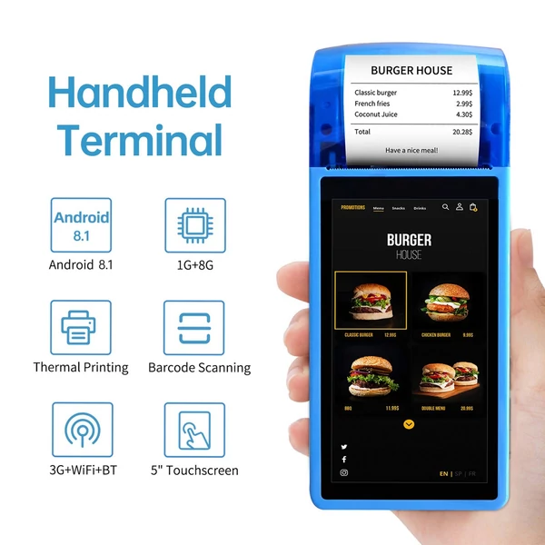 5 hüvelykes érintőképernyős kézi POS nyugtanyomtató Android 8.1 PDA terminál